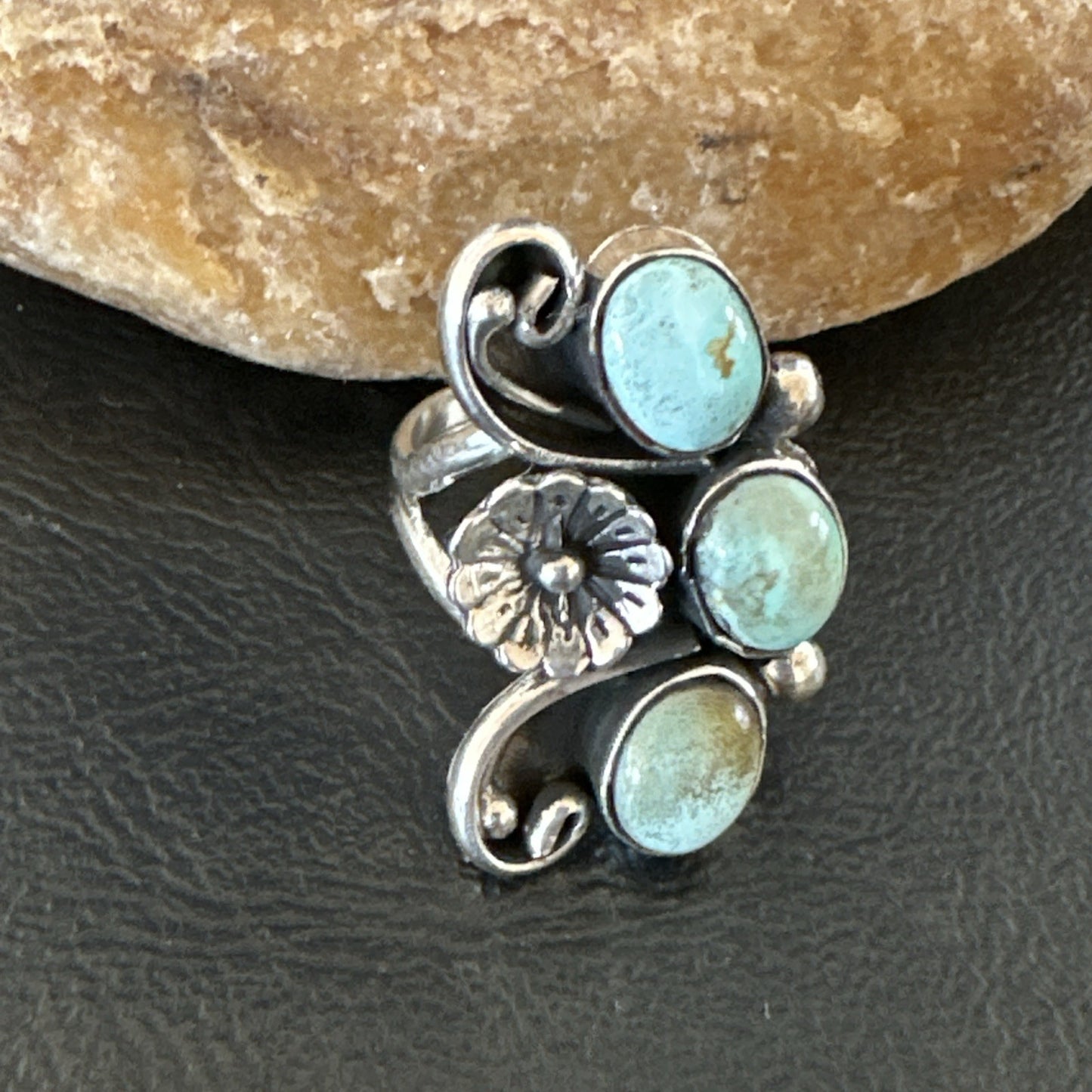 Yazzie Ring Green Turquoise Navajo Sterling Silver Cluster Size 8.5 19213