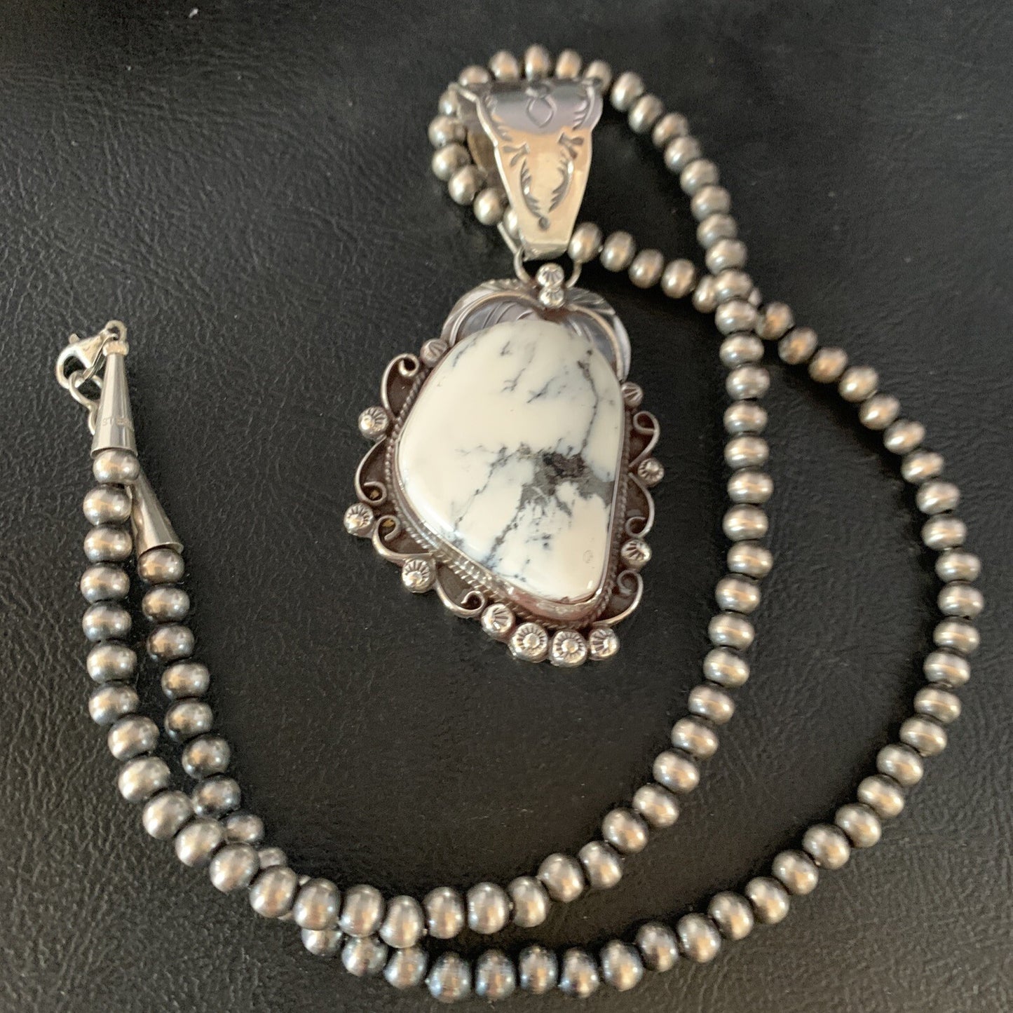 White Buffalo Turquoise Pendant Necklace Sterling Silver Navajo 13993