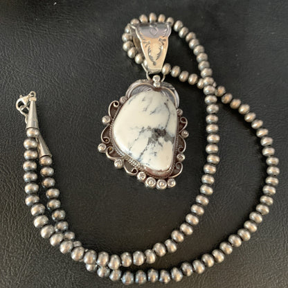 White Buffalo Turquoise Pendant Necklace Sterling Silver Navajo 13993