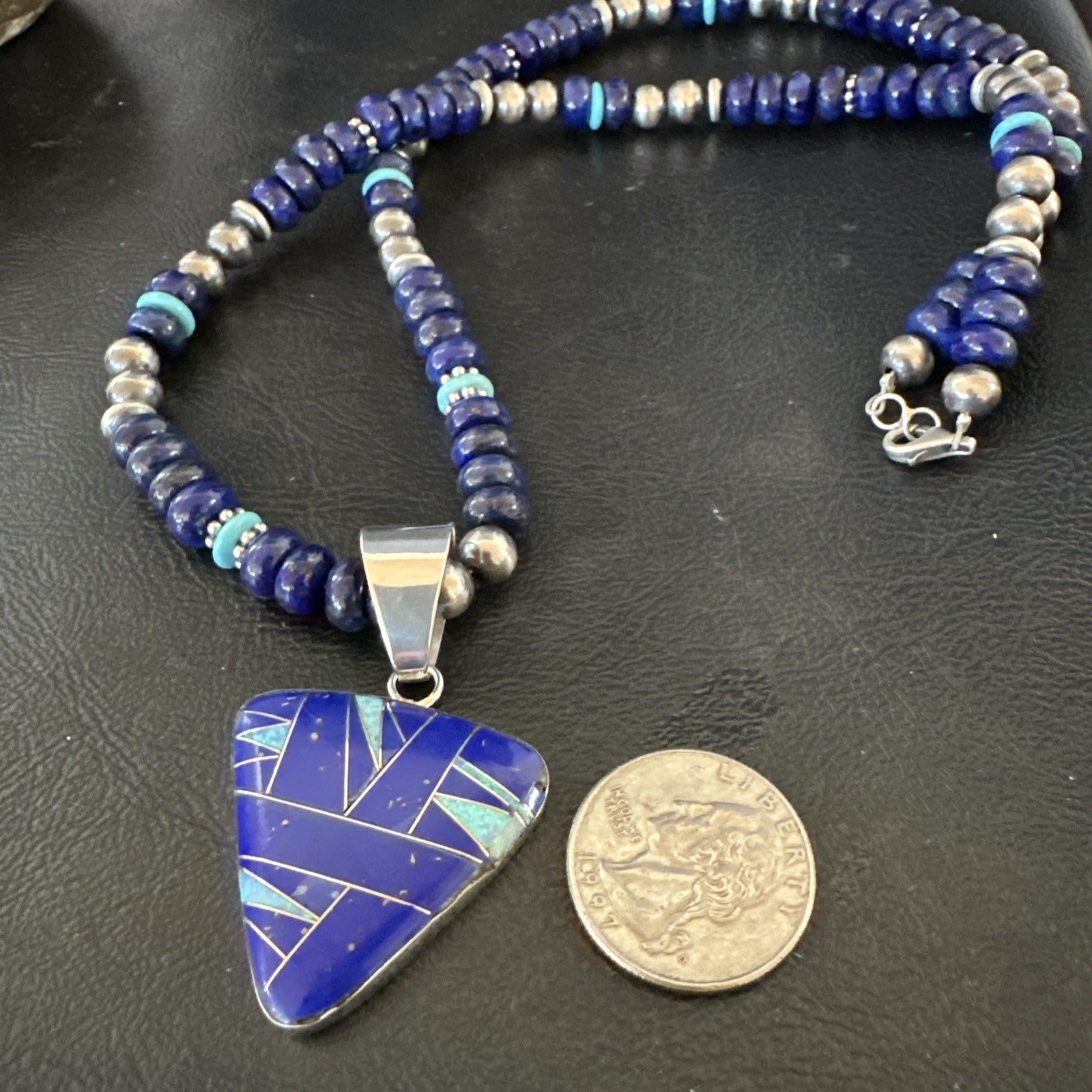 Lapis Opal Inlay Pendant Navajo Pearls Turquoise Sterling Silver Necklace 19182