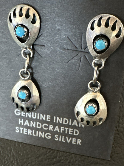 Navajo Blue Turquoise Sterling Silver Post Dangle Bear Paw Earrings 1.30" 4520