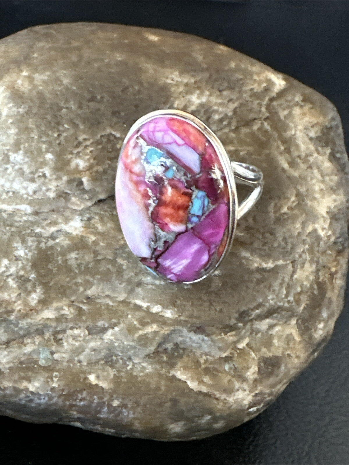 Blue Turquoise Purple Spiny Oyster Navajo Sterling Silver Ring Size 10 18203