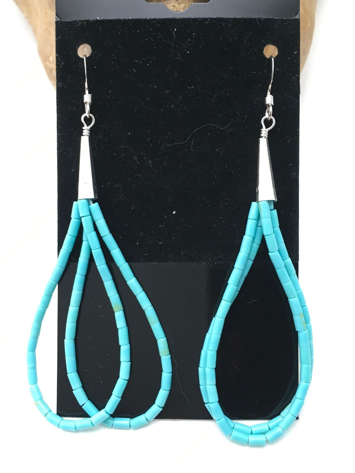 Native Blue Turquoise Liquid Sterling Silver Heishi Dangle 2.5" Earrings 04372