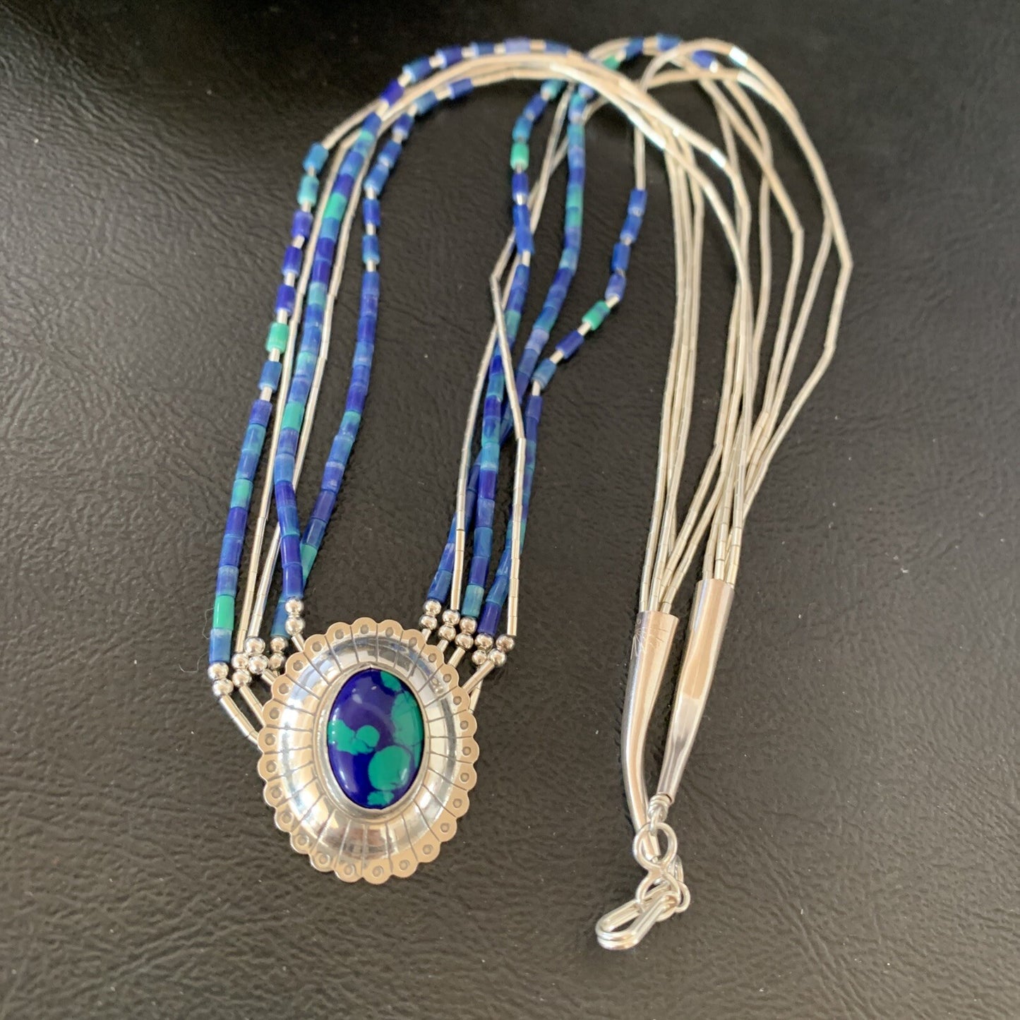 Blue Azurite Pendant Stabilized Heishi 5 Stands Sterling Silver Necklace 10353