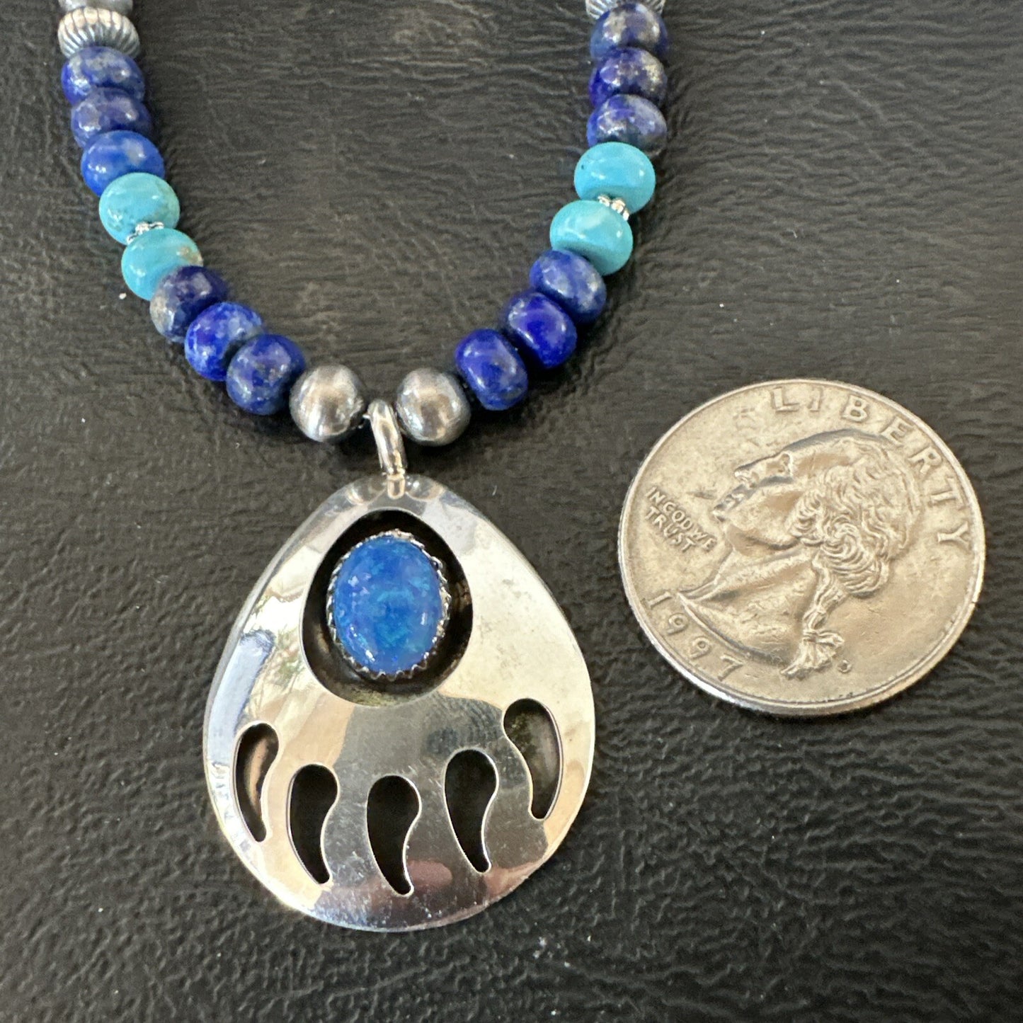 Mens Blue Turquoise Lapis BearPaw Pendant Navajo Sterling Silver Necklace 17882