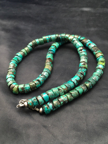 Turquoise Heishi 12 mm Beads Southwestern Sterling Silver Necklace 23” 13976