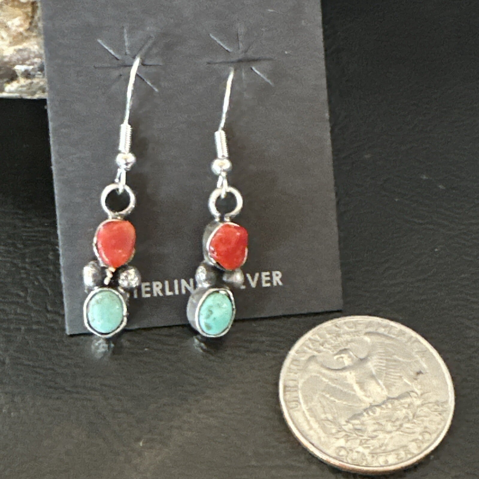 Handmade Blue Turquoise Red Coral Sterling Silver Navajo Dangle Earrings 18841