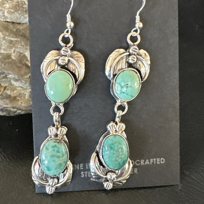 Native Navajo Green Turquoise Sterling Silver Dangle Earrings 2” 17913