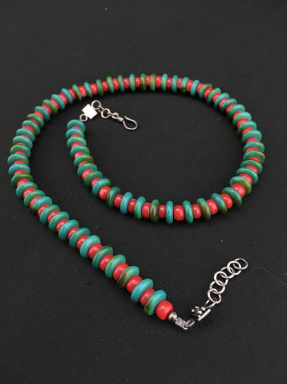 Native Mens Turquoise & Coral Bead Navajo Sterling Silver Necklace 22" 3712