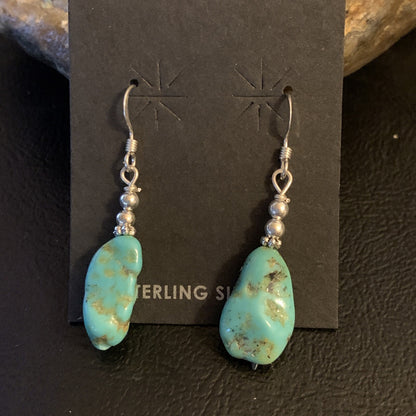 Blue Turquoise Nugget Sterling Silver Beads Navajo Earrings 1" 12892