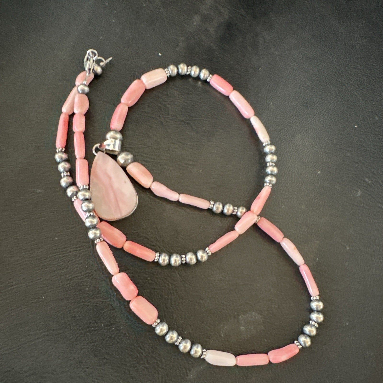 Southwestern Sterling Silver Pink Coral Bead Necklace Quartz Pendant 24" 19590