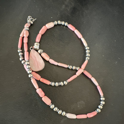 Southwestern Sterling Silver Pink Coral Bead Necklace Quartz Pendant 24" 19590