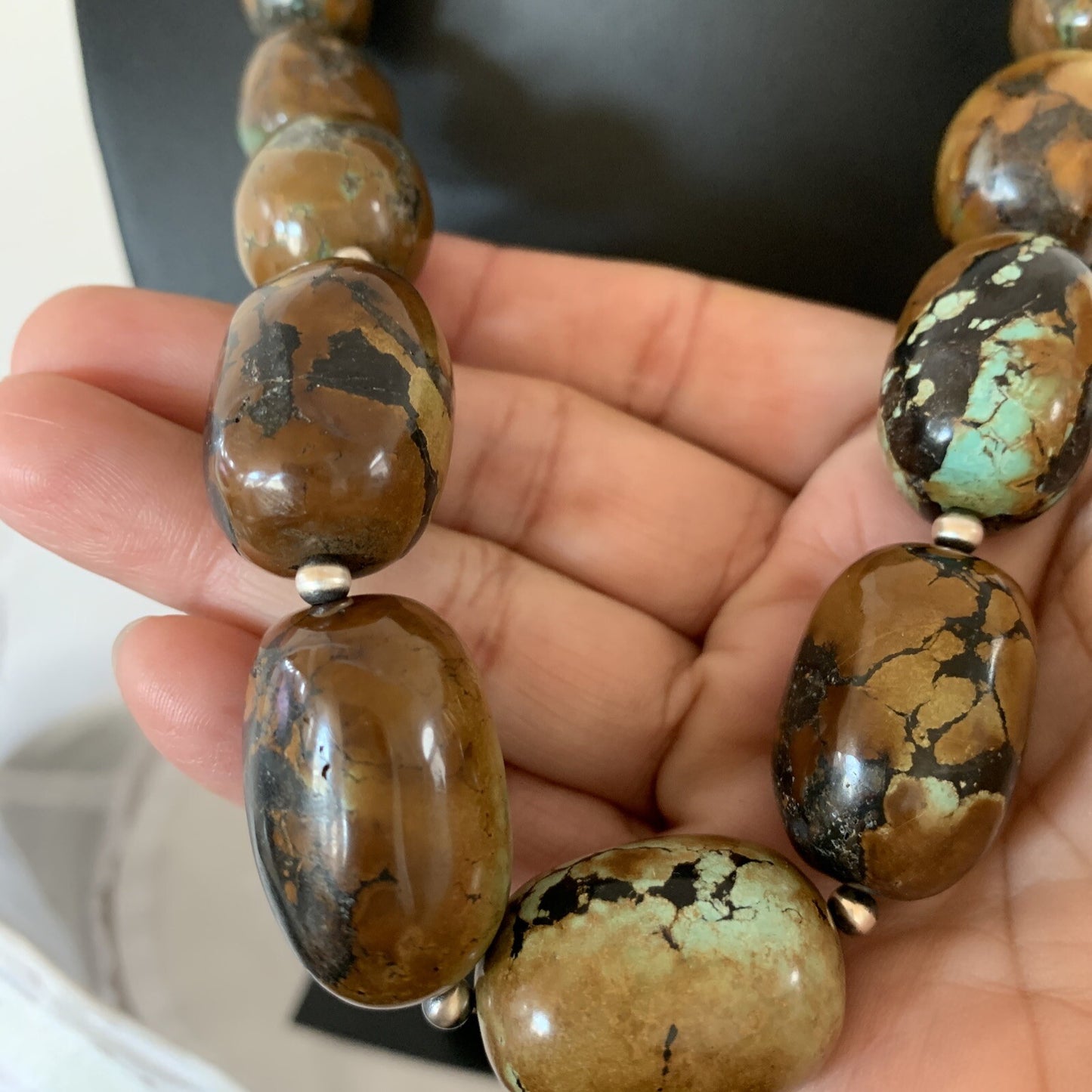 Green Chunky Turquoise Graduated Navajo Sterling Silver Necklace 20" 02112