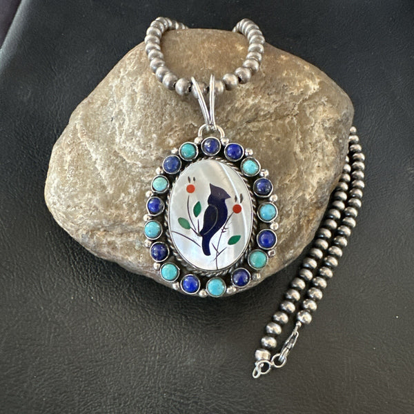Blue Turquoise Black Onyx Inlay Pendant Necklace 20ï¿½17 | Sterling Silver | Authentic Native American Handmade | 926