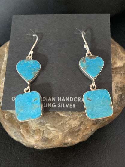 Blue Kingman Turquoise Navajo Sterling Silver Dangle Earrings 14074