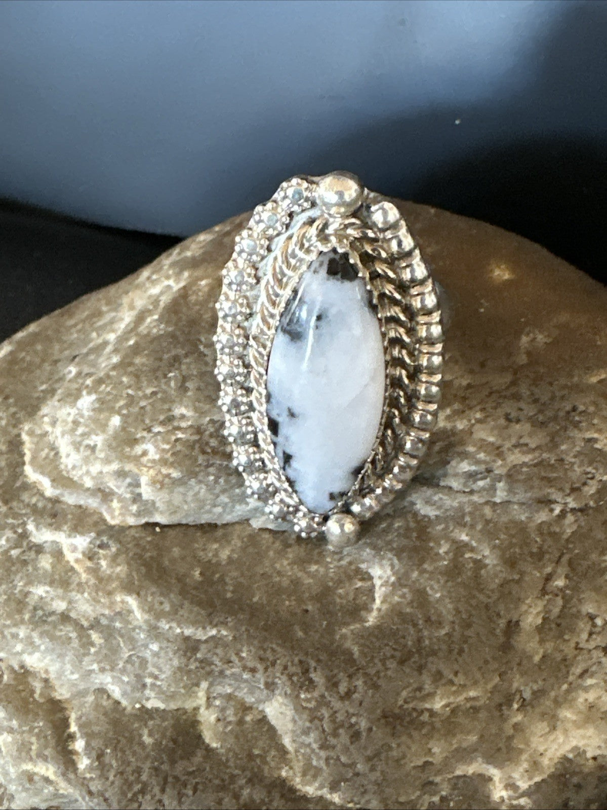 Black White Buffalo Turquoise Navajo Sterling Silver Ring Size 6.5 19804
