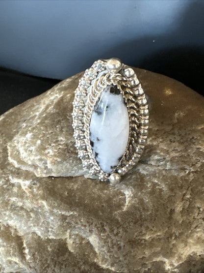Black White Buffalo Turquoise Navajo Sterling Silver Ring Size 6.5 19804