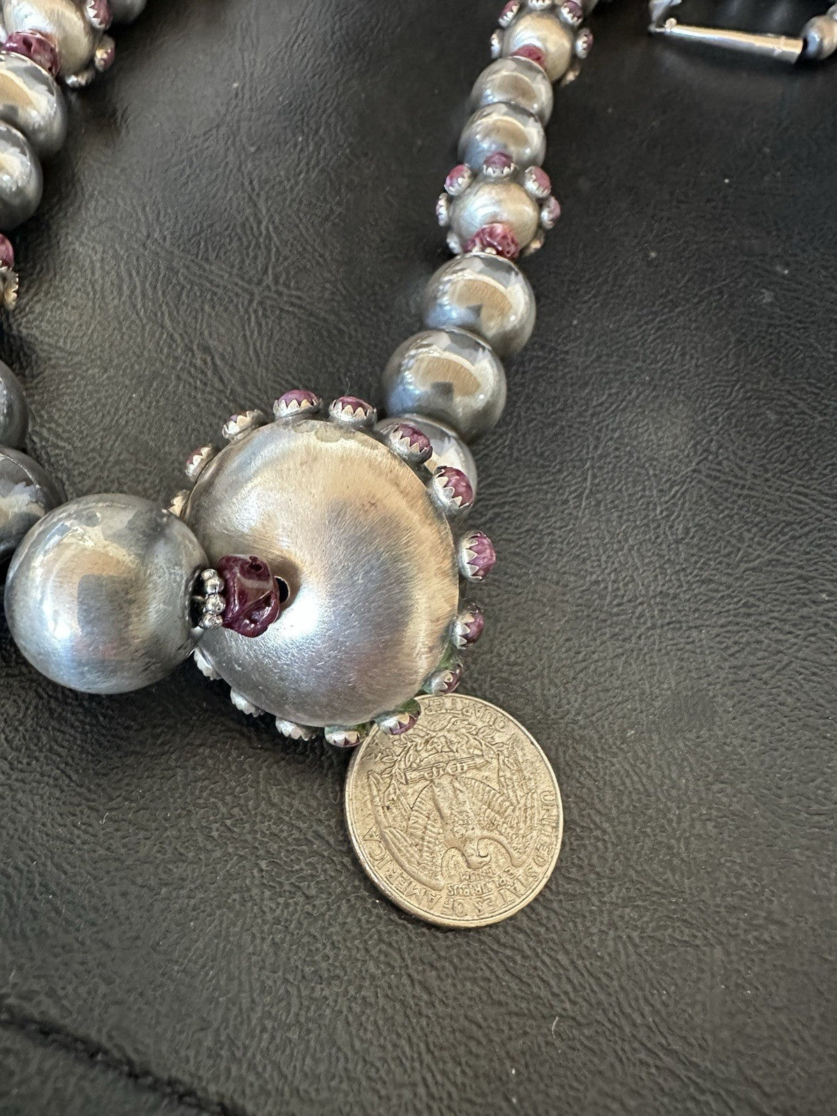 Purple Spiny Oyster Navajo Pearls Graduated Sterling Silver Necklace 23”19444