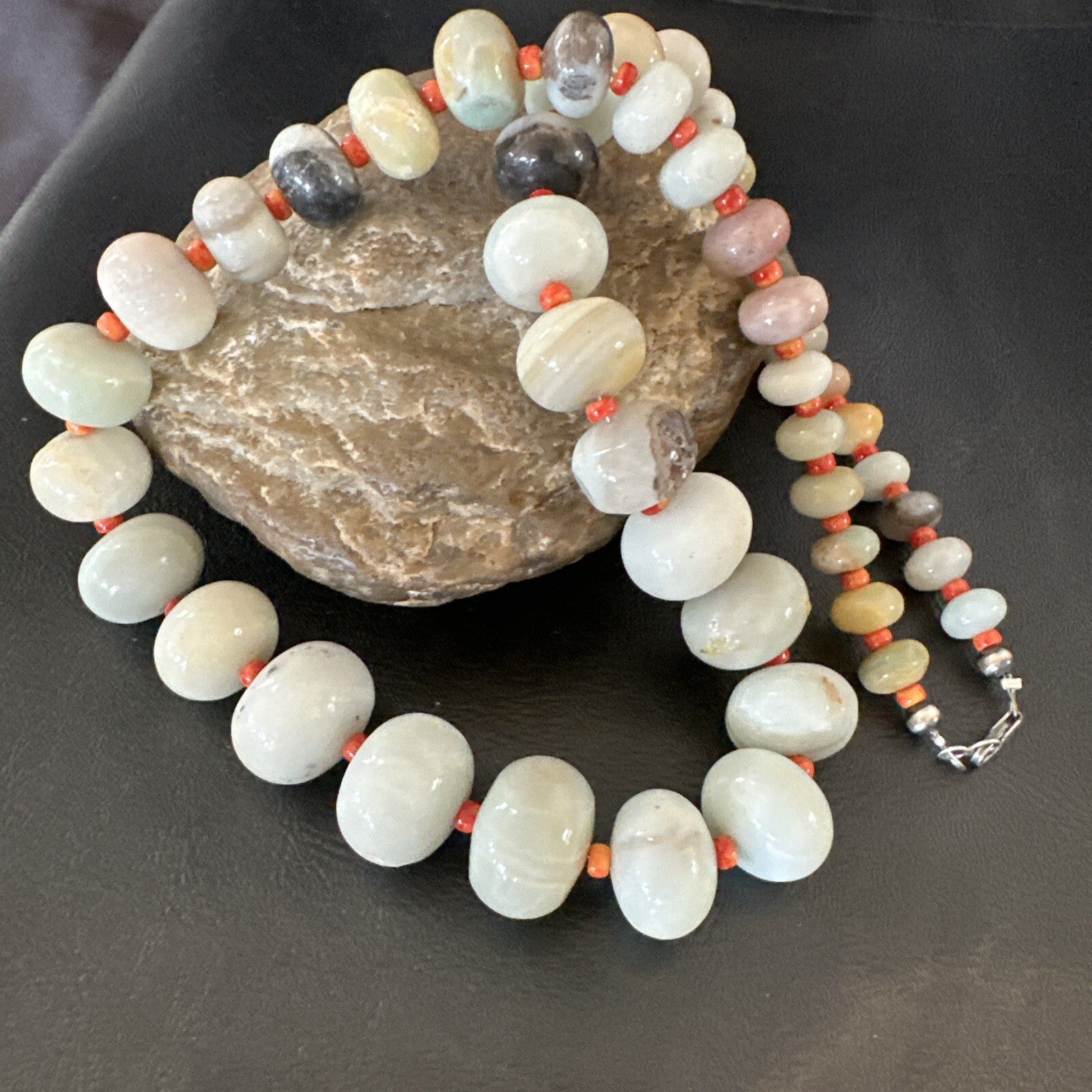 Blue Amazonite Orange Spiny Navajo Sterling Silver Bead Necklace 23” 18074