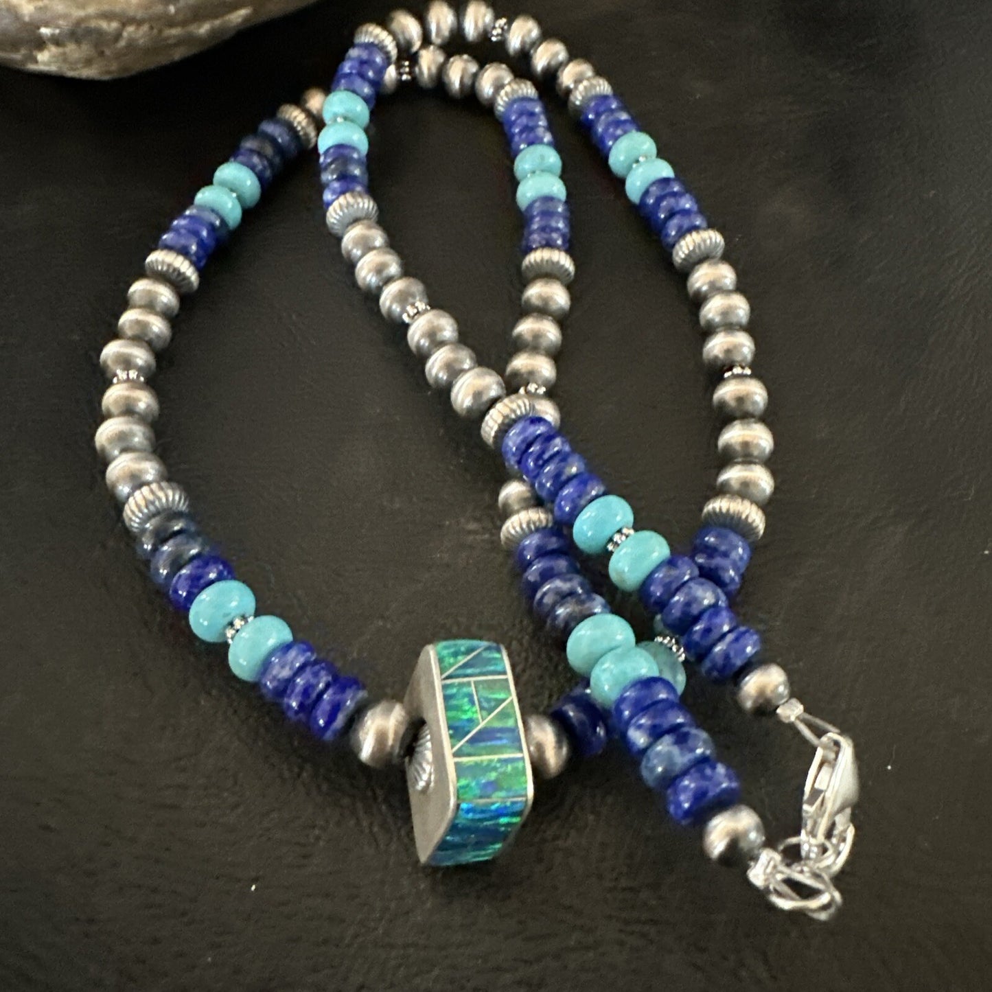 Mens Blue Turquoise Lapis Opal Pendant Navajo Sterling Silver Necklace 20" 17897