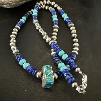 Mens Blue Turquoise Lapis Opal Pendant Navajo Sterling Silver Necklace 20" 17897