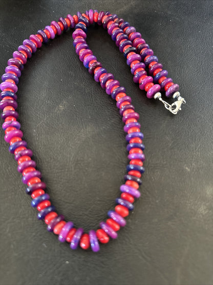 10mm  Purple Stone Red Coral Bead Navajo Sterling Silver Necklace 23” 17832