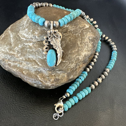 Mens Feather Turquoise Pendant Navajo Sterling Silver Necklace 18061