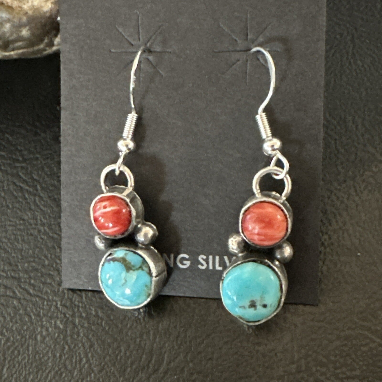 Handmade Blue Turquoise Red Coral Sterling Silver Navajo Dangle Earrings 18845