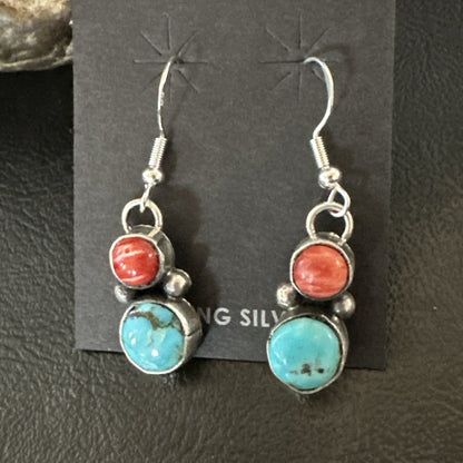 Handmade Blue Turquoise Red Coral Sterling Silver Navajo Dangle Earrings 18845
