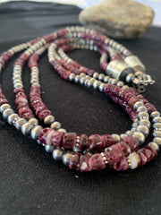Navajo 3 Strand Purple Spiny Oyster Necklace 22" | Sterling Silver | Authentic Native American Handmade | 10115