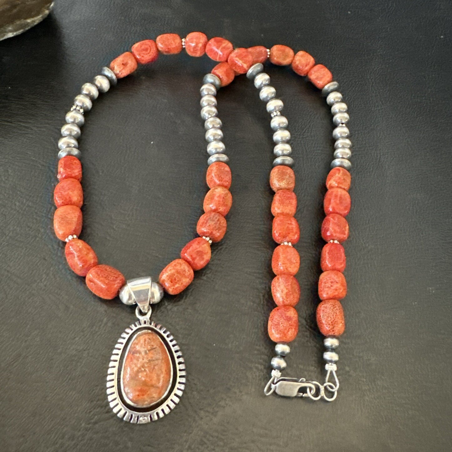 Navajo Pearls Apple Sponge Coral Sterling Silver Necklace Pendant 21” 18683