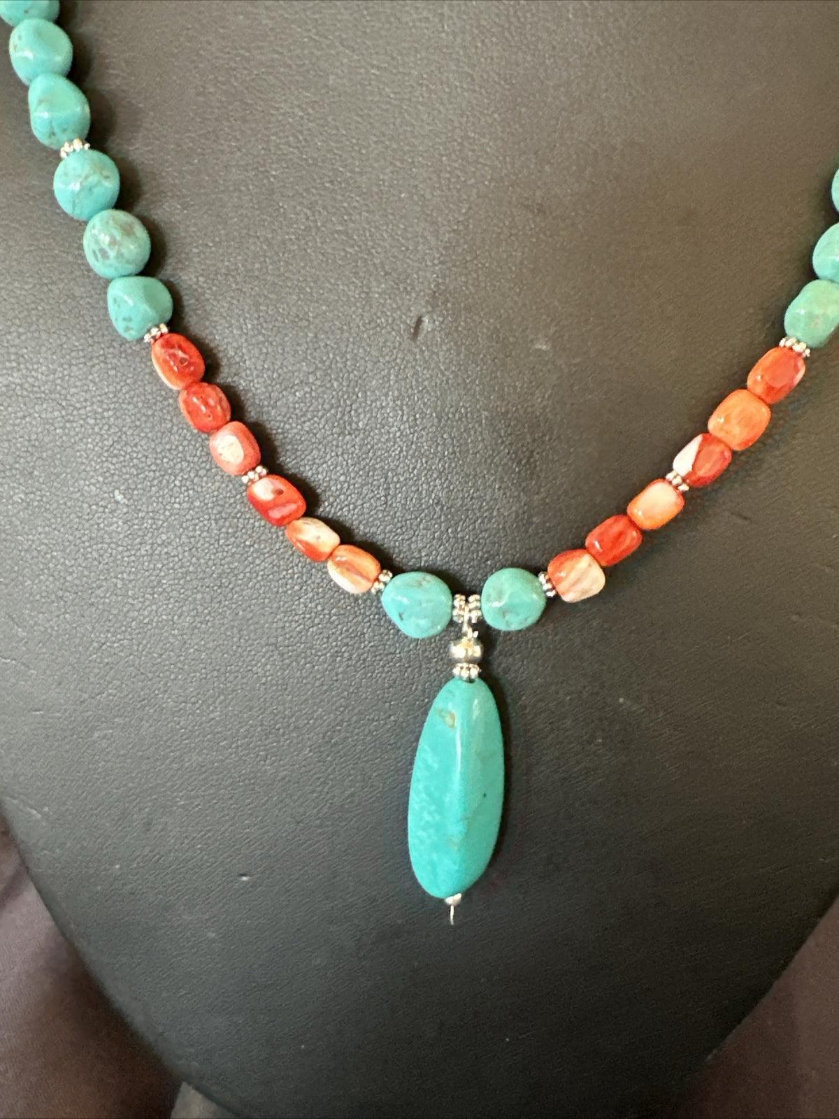 Red Spiny Oyster Blue Turquoise Navajo Sterling Silver Necklace 17954