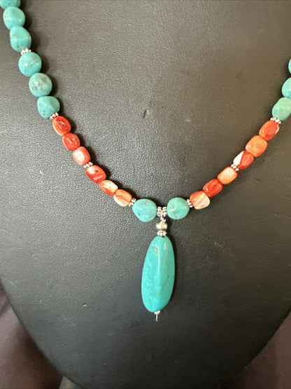 Red Spiny Oyster Blue Turquoise Navajo Sterling Silver Necklace 17954