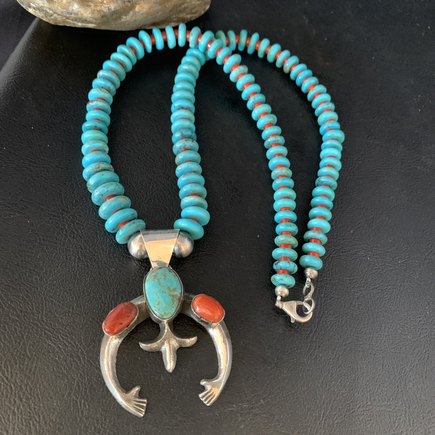 Royston Navajo Sterling Silver Blue Turquoise Coral Necklace Naja Pendant 13745