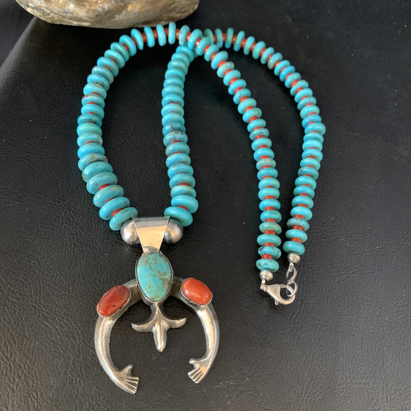 Royston Navajo Sterling Silver Blue Turquoise Coral Necklace Naja Pendant 13745