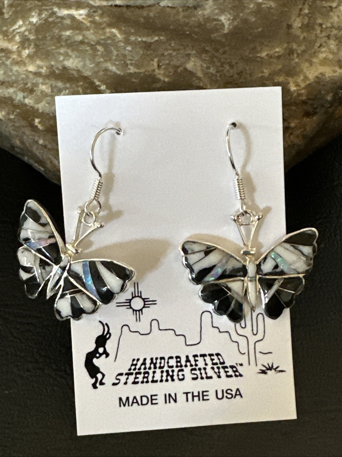 White Buffalo Turquoise Opal Onyx Sterling Silver ButterFly Earrings 18553
