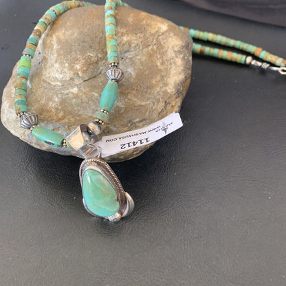 Green Turquoise Pendant Navajo Pearls Sterling Silver Necklace 11412