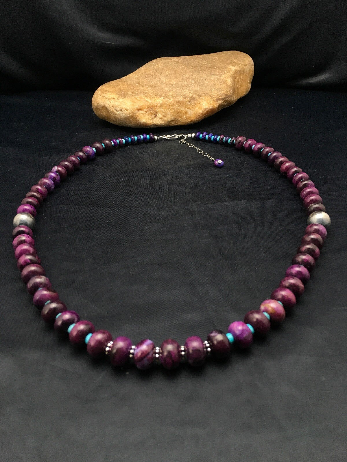 Purple Stone & Turquoise Bead Navajo Indian Sterling Necklace 27" 04061