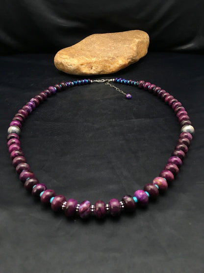 Purple Stone & Turquoise Bead Navajo Indian Sterling Necklace 27" 04061
