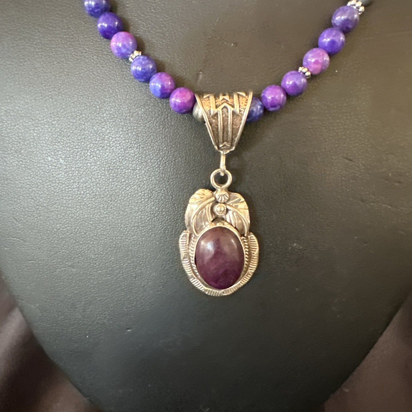 Purple Stone Pendant Navajo Pearls Sterling Silver Necklace 18386