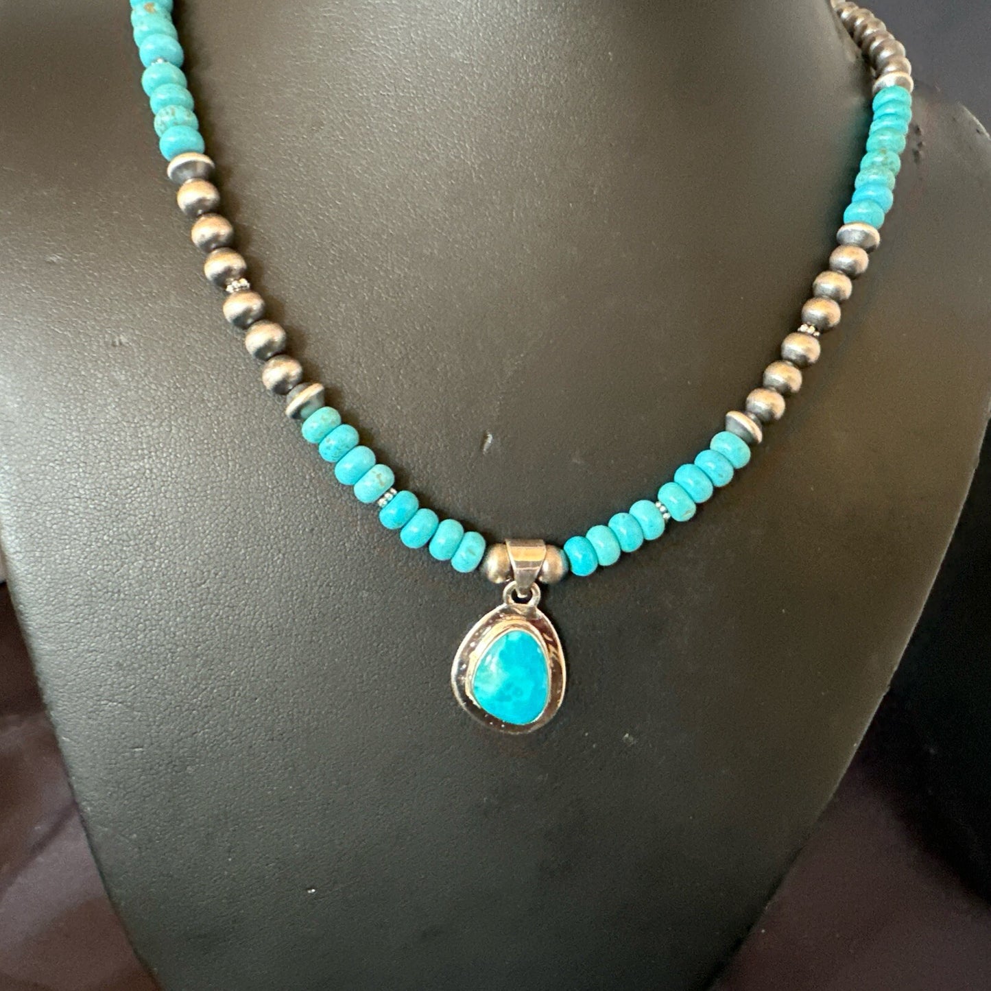 Mens Blue Kingman Turquoise Pendant Navajo Sterling Silver Necklace 21" 18113
