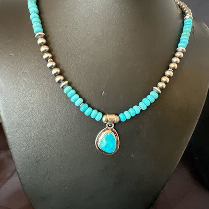 Mens Blue Kingman Turquoise Pendant Navajo Sterling Silver Necklace 21" 18113