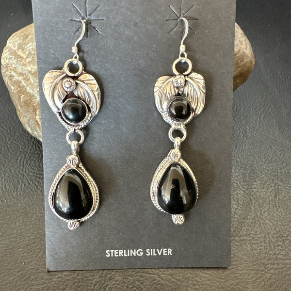 Black Onyx Navajo Dangle Earrings 1.5" | Sterling Silver | Authentic Native American Handmade | 18292