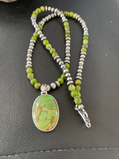 Women Green Mohave Turquoise Pendant Sterling Silver Beads Necklace 10311