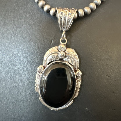 Mens Womens Black Onyx Pendant Navajo Sterling Silver Beads Necklace 18307