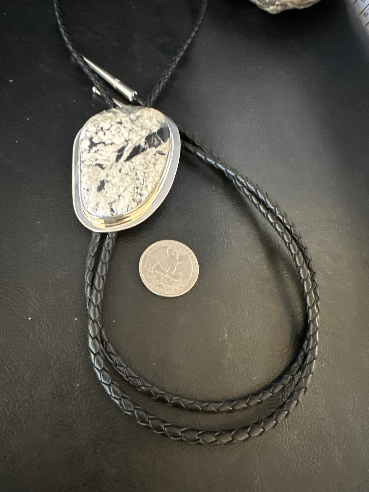 Mens BOLO TIE WHITE BUFFALO TURQUOISE Sterling Silver Navajo 2.5 in 15005