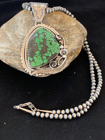 Green Spiderweb Turquoise Pendant Navajo Sterling Silver Beads Necklace 02983