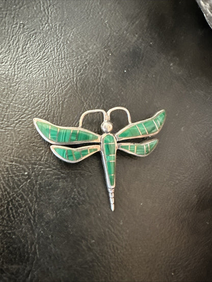 Rare Dragonfly Green Malachite Sterling Silver Inlay Pin 1.35” 19820