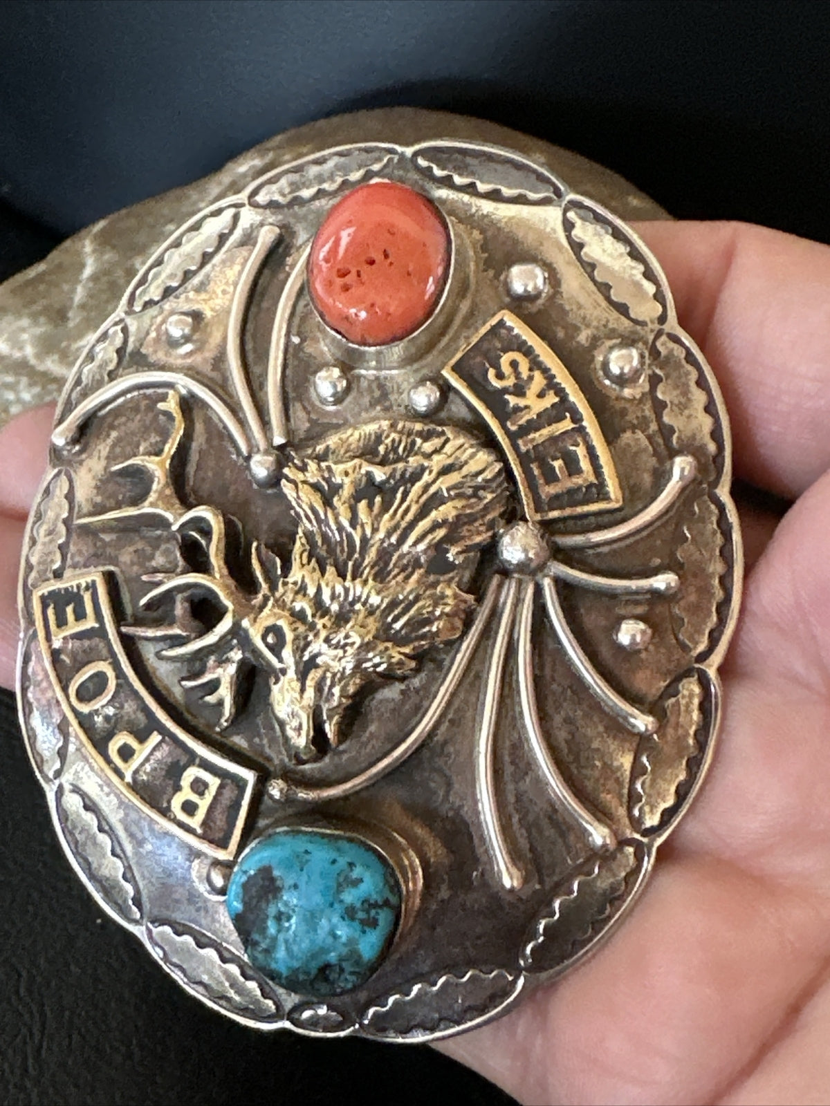Elk Blue Turquoise Coral Navajo Sterling Silver Concho Belt Buckle 17972