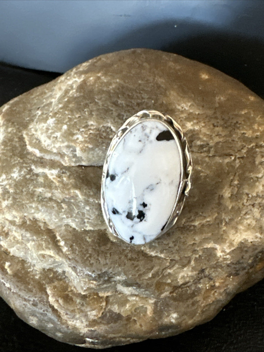 Black White Buffalo Turquoise Navajo Sterling Silver Ring Size 7.5 19805